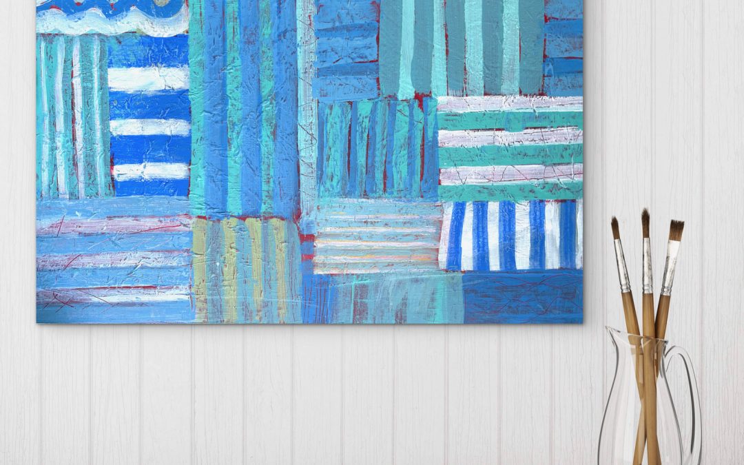 Acryl-Gemlde, Titel: Gestreifte Sommerfrische, davor ein Glas mit drei Pinseln